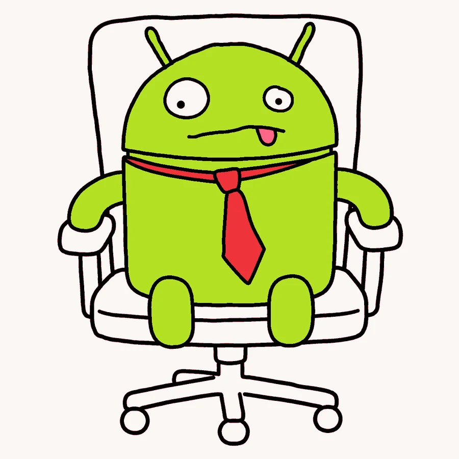 The robot in a crooked red necktie sitting in an office chair