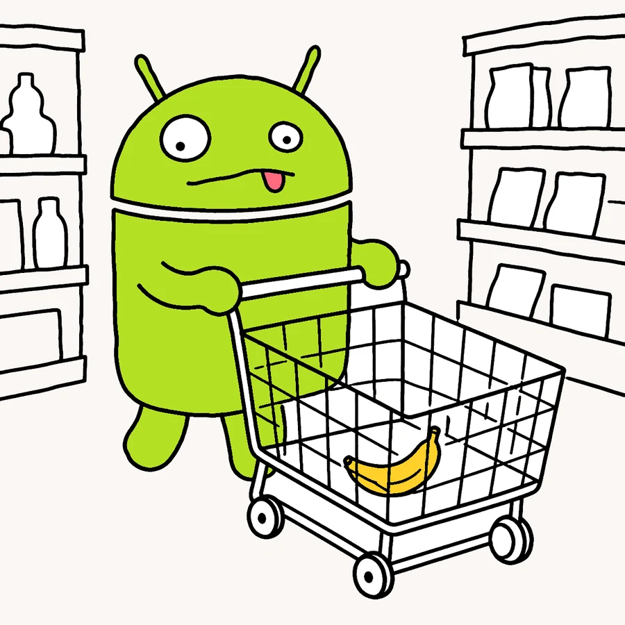 The robot pushing a shopping trolley with one banana in it