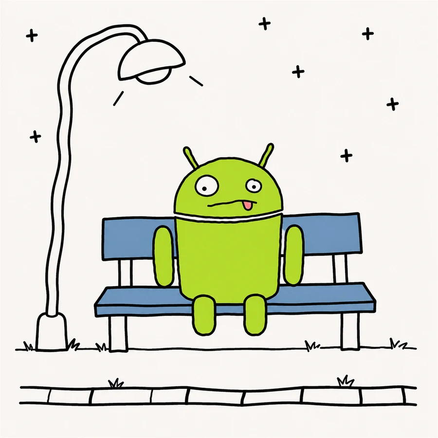 The robot sitting alone on a bench at a bus stop at night